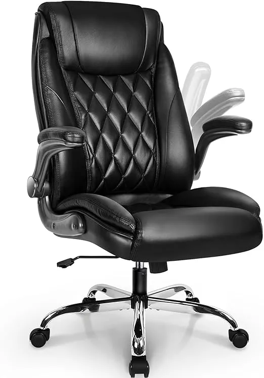 NEO CHAIR Office Chair Computer High Back Adjustable Flip-up Armrests Ergonomic Desk Chair Executive Diamond-Stitched PU Leather Swivel Task Chair with Armrests Lumbar Support (Black)