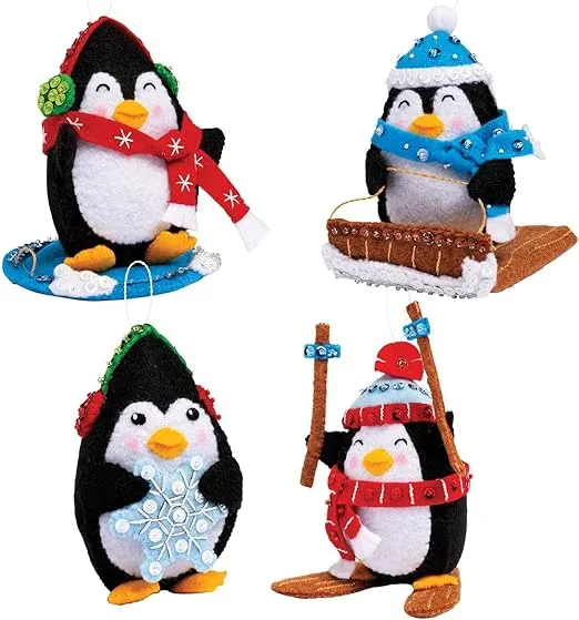 Bucilla Felt Applique 4 Piece Ornament Making Kit, Penguins at Play, Perfect for DIY Arts and Crafts, 89496E, White