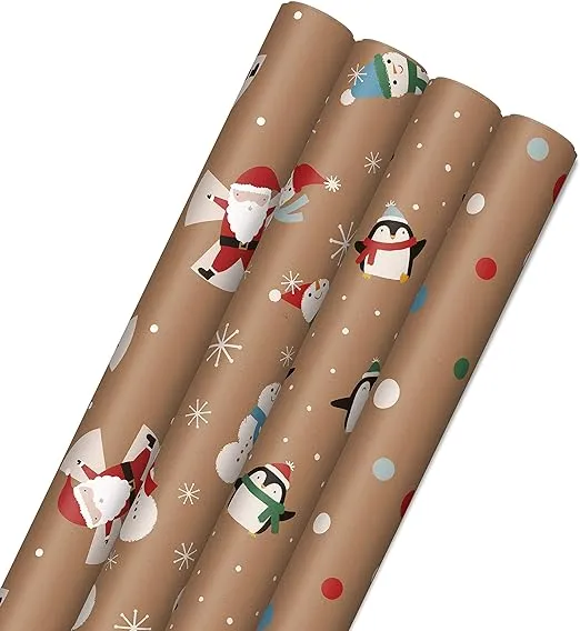 Hallmark Kraft Christmas Wrapping Paper for Kids with Cut Lines on Reverse (4 Rolls: 88 sq. ft. ttl) Penguins, Santa, Snowmen, Polka Dots