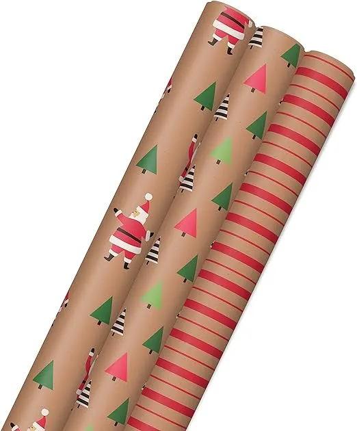 Hallmark Christmas Wrapping Paper with Cut Lines on Reverse (3 Rolls: 90 sq. ft. ttl) Kraft with Santas, Trees, Stripes