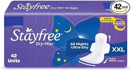 Stayfree Dry Max All Night XL Dry Cover Sanitary Pads For Women With Wings, 42 pieces