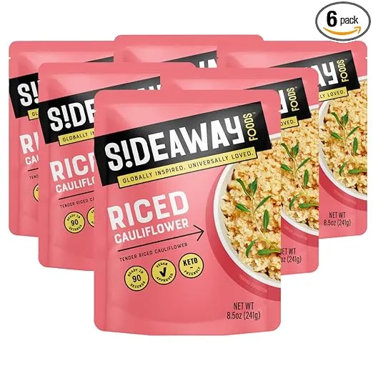 Sideaway Foods - Microwavable Cauliflower Rice, Fresh Cauliflower, Veggie Rice, Low Carb, Gluten Free, Quick Prep Minute Rice (6 count - 8.5oz) Vegan Friendly Plant Based
