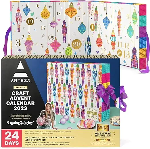 Arteza Advent Calendar2023 (24 Days) Art & Craft Supplies Holiday Gift for Adults, Includes Polymer Clay, Mica Powder, Felt Sheets, Wood Slices & Panels, Acrylic Yarn, Epoxy Resin & Glue
