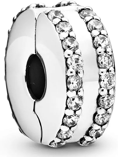 PANDORA Double Lined Pavé Clip Charm - Compatible Moments Bracelets - Jewelry for Women - Gift for Women in Your Life - Made with Sterling Silver & Cubic Zirconia, No Gift Box
