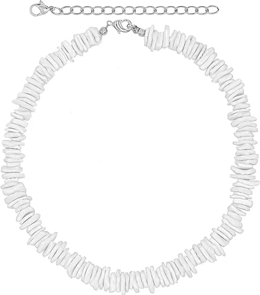 Fablinks White Puka Shell Necklace, Hawaiian Seashell Necklace for Men, VSCO Girl Beach Necklaces for Women, Beachy Beaded Summer Pooka Choker, Heishi Clam Chips Surfer Jewelry