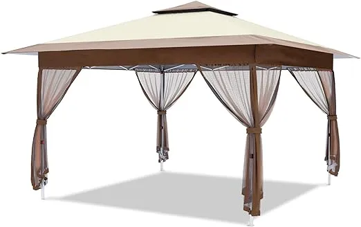 OUTFINE 12'x12' Gazebo Outdoor Pop up Canopy Tent with Curtains and Shelter for Patio, Party & Backyard (Khaki)