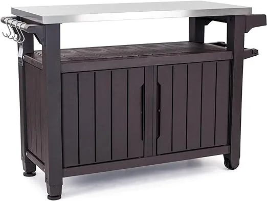Keter Outdoor Rolling Table Cart for Food Prep, Storage, Bar & Grill, Dark Brown