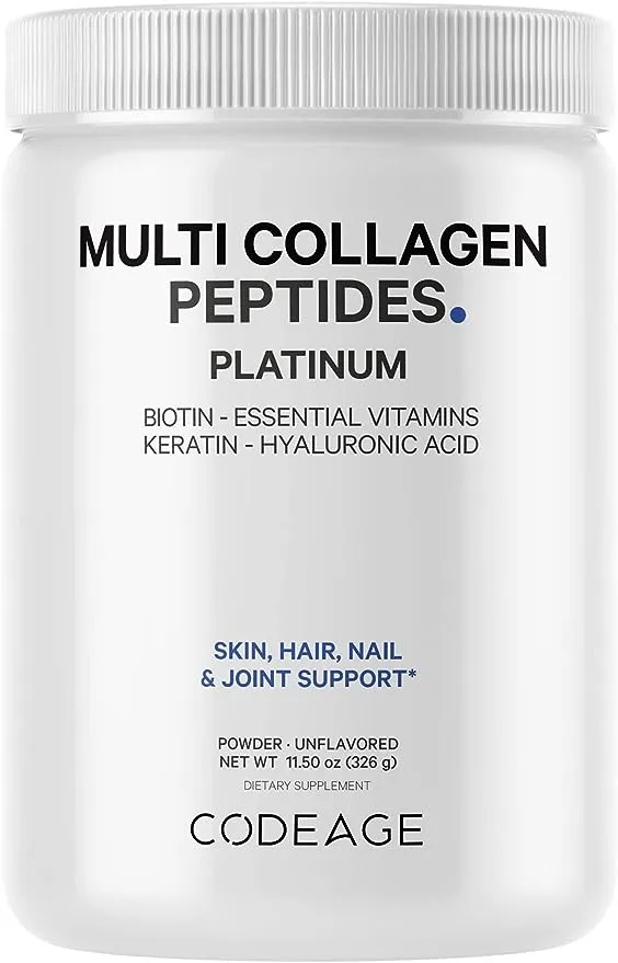 Codeage Multi Collagen for Women & Men Biotin 10000mcg Keratin, Protein Powder Vitamin C B6 D3, Hyaluronic Acid, Niacin - Hydrolyzed Collagen Coffee Creamer 5 Types - Unflavored - Non-GMO - 11.5oz