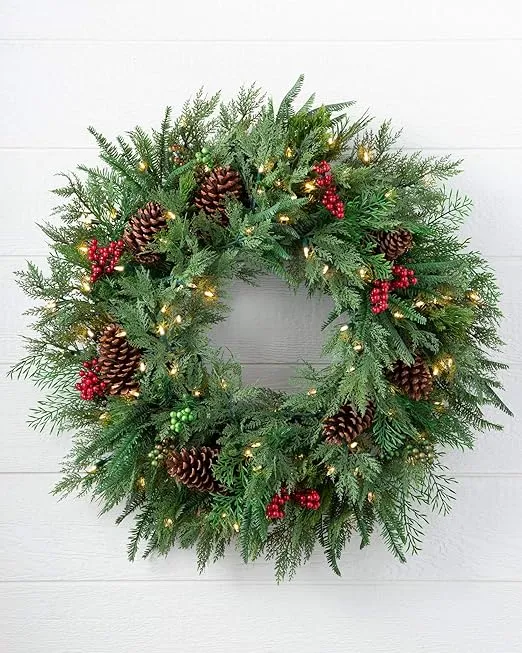 Balsam Hill 30 Inch Premium Prelit Winter Evergreen Holiday Artificial Christmas Wreath with Battery Powered Clear LED Lights