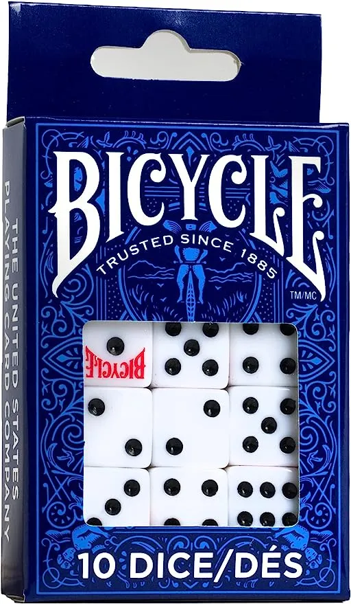 Bicycle Dice Set, Six Sided Dice, D6 Dice, Playing Dice, Standard Game Dice, 10 Count, White, 16 mm