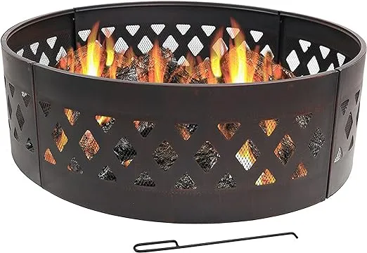 Sunnydaze Crossweave 36-Inch Round Heavy-Duty Steel Fire Ring with Fire Poker