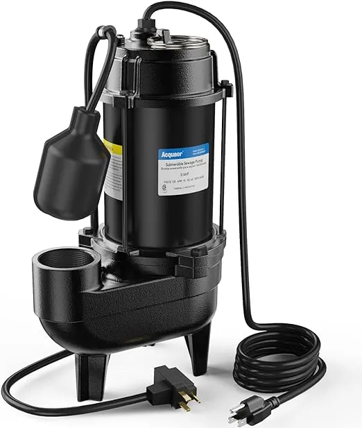 Acquaer 3/4HP Submersible Sewage/Effluent Pump, Cast Iron, 115V 6400 GPH Automatic Tethered Float Switch, Sump Pump for Sump Basin, Basement, Residential Sewage, 2'' NPT Discharge