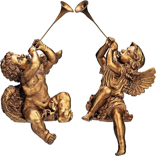 Design Toscano Christmas Decorations-Trumpeting Boy and Girl of St. Peters Square-Holiday Angel Statue, Set of 2, Gold, 2 Count