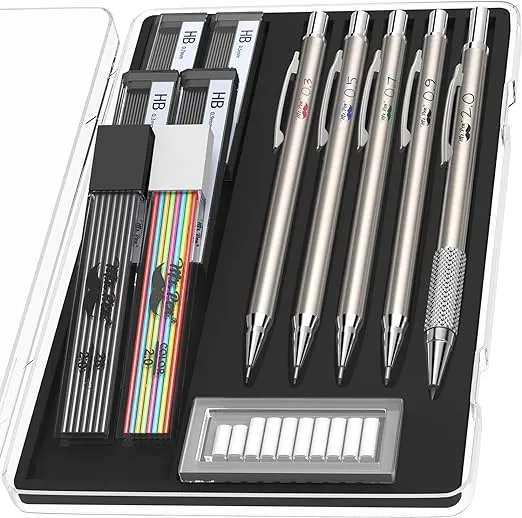 Mr. Pen- Metal Mechanical Pencil Set with Lead and Eraser Refills, 5 Sizes, 0.3, 0.5, 0.7, 0.9, 2mm, Drafting, Sketching, Architecture, Christmas Gift