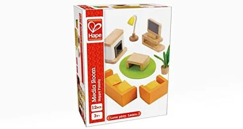 Hape Wooden Doll House Furniture Media Room Set| Pretend Playset for Kid’s Wooden Dollhouse