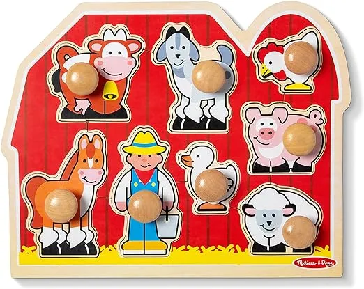 Melissa & Doug Farm Animals Jumbo Knob Wooden Puzzle - Wooden Peg Chunky Baby Puzzle, Preschoool Learning, Knob Puzzle Board For Toddlers Ages 1+
