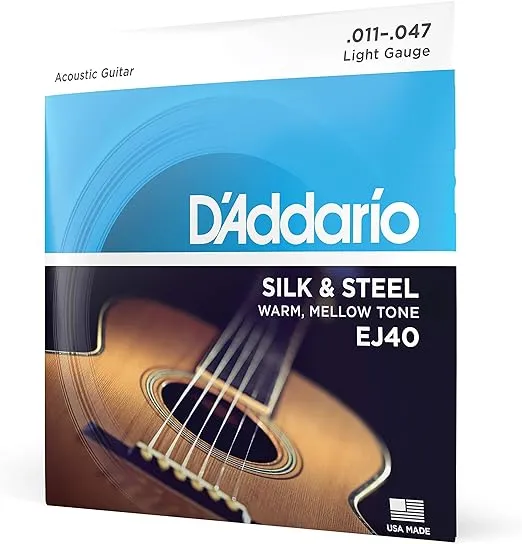 D'Addario Acoustic Guitar Strings, Silk & Steel, EJ40, Light Gauge 11-47, 6-String Set, Pack of 1