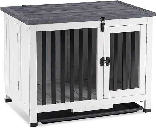 MCombo Wooden Dog Crate Furniture, Dog Kennel Pet House End Table, Solid Wood Portable Foldable Indoor Cage for Dogs, No Assembly Needed (Small, White and Grey)