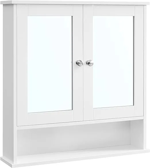 VASAGLE Bathroom Cabinet with Mirror, Wall Cabinet with 2 Mirrored Doors, Adjustable Shelf, Open Compartment, Wall-Mounted, 5.1 x 22.2 x 23 Inches, White ULHC002
