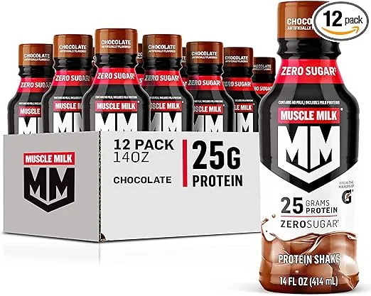 Muscle Milk Genuine Protein Shake, Chocolate, 14 Fl Oz Bottle, 12 Pack, 25g Protein, Zero Sugar, Calcium, Vitamins A, C & D, 6g Fiber, Energizing Snack, Workout Recovery, Packaging May Vary