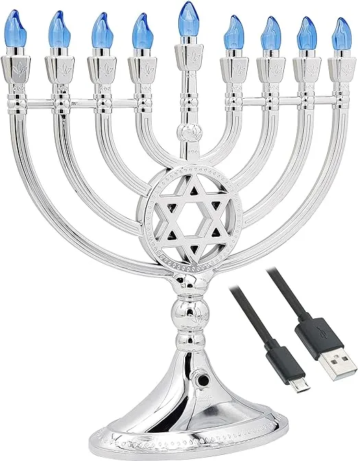 The Dreidel Company Traditional LED Electric Silver Hanukkah Menorah - Battery or USB Powered - Includes a Micro USB 4' Charging Cable