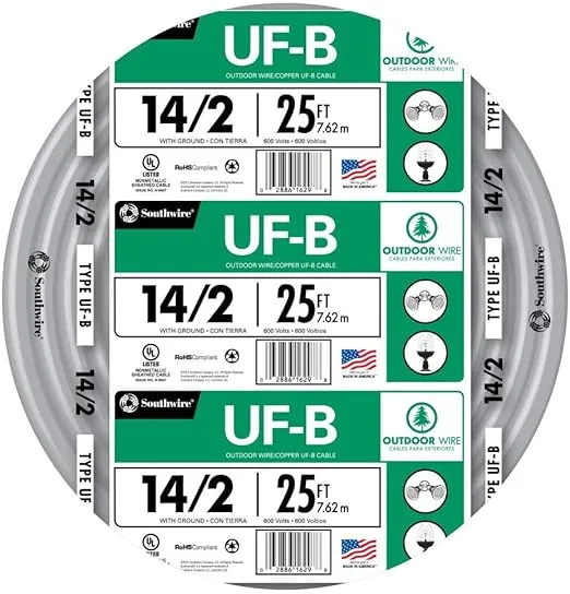 Woods Southwire 13054221 25ft 14/2 AWG Solid UF-B Type Underground Feeder and Branch Circuit Cable with Ground Wire, Gray