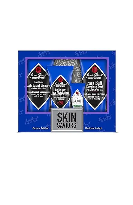 Jack Black Skin Saviors Set – Pure Clean Daily Facial Cleanser, Double-Duty Face Moisturizer SPF 20, Intense Therapy Lip Balm SPF 25 Natural Mint & Shea Butter, & Face Buff Energizing Scrub