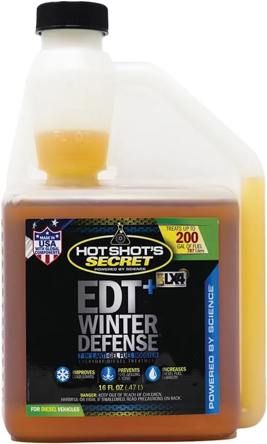 Hot Shot's Secret EDT+ Winter Defense, 7-in-1 Anti-Gel Diesel Fuel Additive – Prevents Gelling, Protects Diesel Fuel System, Diesel Additive Improves Cold Starts, Boosts Cetane, 16 oz.