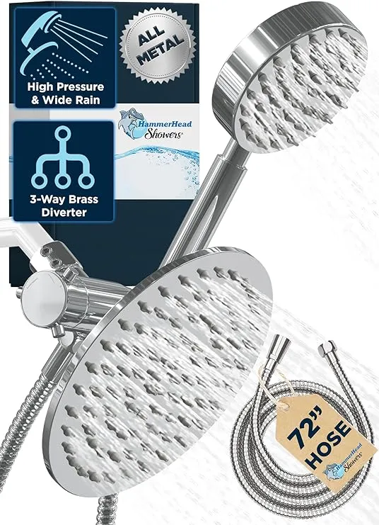 HammerHead Showers® ALL METAL Dual Shower Head Combo – CHROME – 8 Inch Rainfall High Flow Shower Head & Handheld Shower Head High Pressure with Hose 6ft - Hotel-Like Double Shower Heads