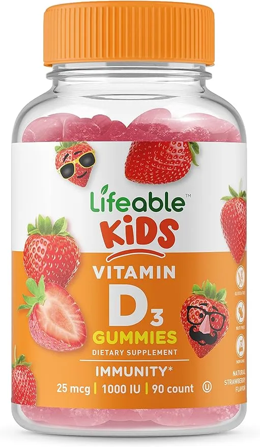 Lifeable Vitamin D for Kids 1000 IU - Great Tasting Natural Flavor Gummy Supplement - Gluten Free Vegetarian GMO Free Chewable - for Strong Healthy Bones and Immune Support - for Children 90 Gummies