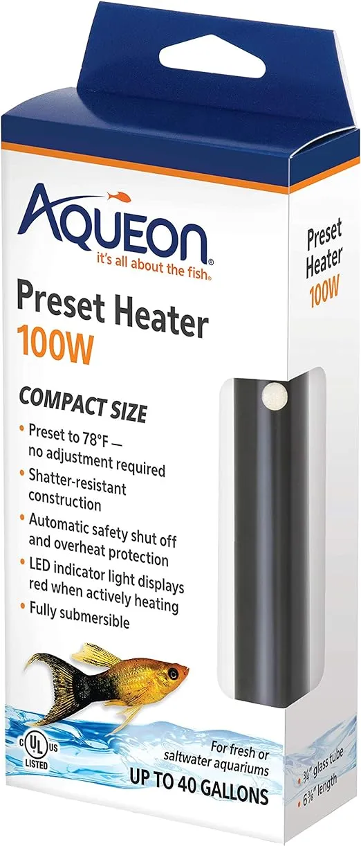 Aqueon Aquarium Fish Tank Preset Heater For Up To 40 Gallons, 100 Watts