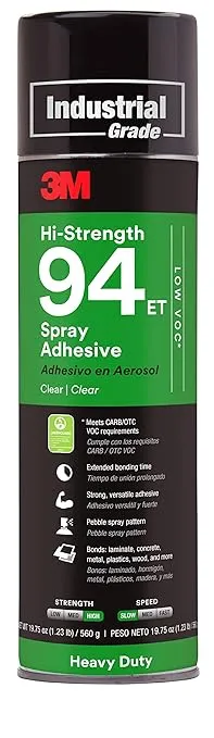 3M Hi-Strength 94 ET Spray Adhesive Glue, Low VOC, Heavy Duty, Wood, Metals, Rubber, Carpet, Flooring, Laminate, Foam, Fabric, Glass, Plastic, Clear, Net Wt 19.75 oz