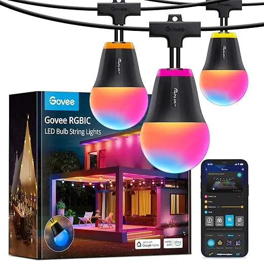 Govee Outdoor String Lights H1, 50ft RGBIC Outdoor Lights with 15 Dimmable Warm White LED Bulbs, Smart Outdoor Lights with 60 Scene Mode, IP65 Waterproof, Work with Alexa for Christmas, Daily Lighting