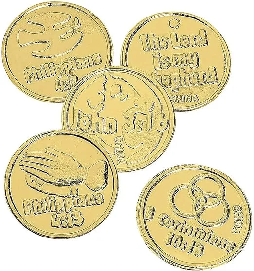 Fun Express Religious Bible Verse Gold Coins - 144 Pieces - Sunday School Supplies and VBS Prizes - VBS Vacation Bible School Supplies/Decor
