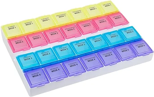 EZY DOSE Monthly (28-Day) Pill Case, Medicine Planner, Vitamin Organizer Box, Large Compartments, Convenient and Easy to Use, Colored Lids, BPA Free