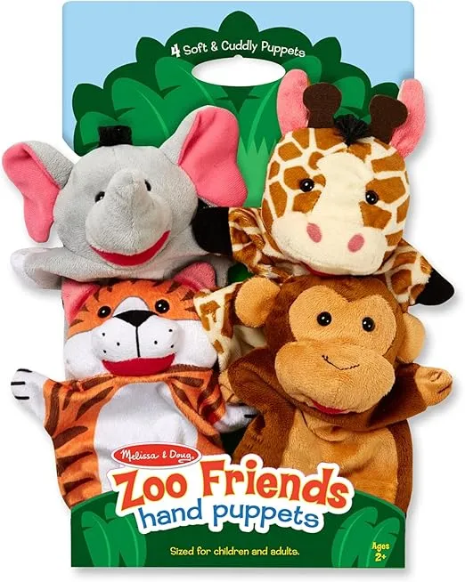 Melissa & Doug Zoo Friends Hand Puppets (Set of 4) - Elephant, Giraffe, Tiger, and Monkey