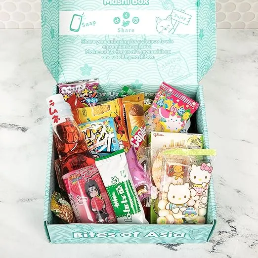 Mashi Box Asian Dagashi Snack Surprise Mystery Box 25 Pieces w/ 3 FULL SIZE Items Including Drink, Instant Noodle, Assortment of Chinese, Korean, Japanese Sweet and Savory Snacks, Candy, Food