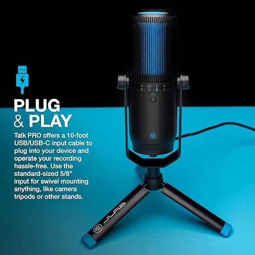 JLab Talk Pro USB Microphone, USB-C Output, Cardioid, Omnidirectional, Stereo, Bidirectional, 192k Sample Rate, 20Hz-20kHz Frequency Response, Volume, Gain Control, Quick Mute, Plug & Play