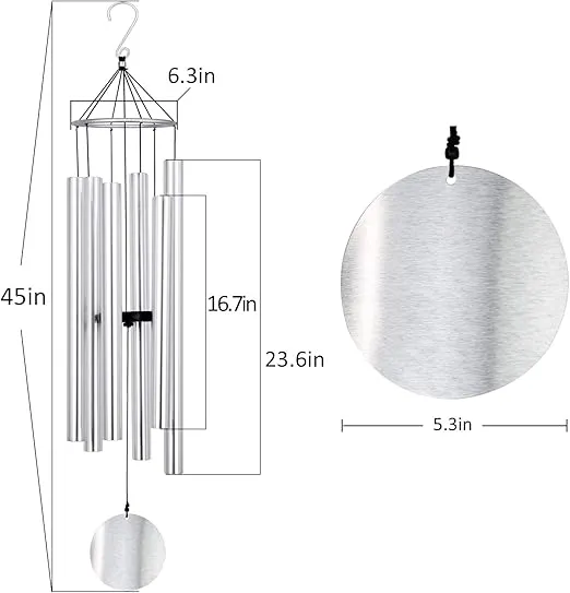 ASTARIN Premium 45-Inch Deep Tone Wind Chimes with 6 Metal Tubes - Elegant Memorial Chime for Mom, for Housewarming and Christmas Silver