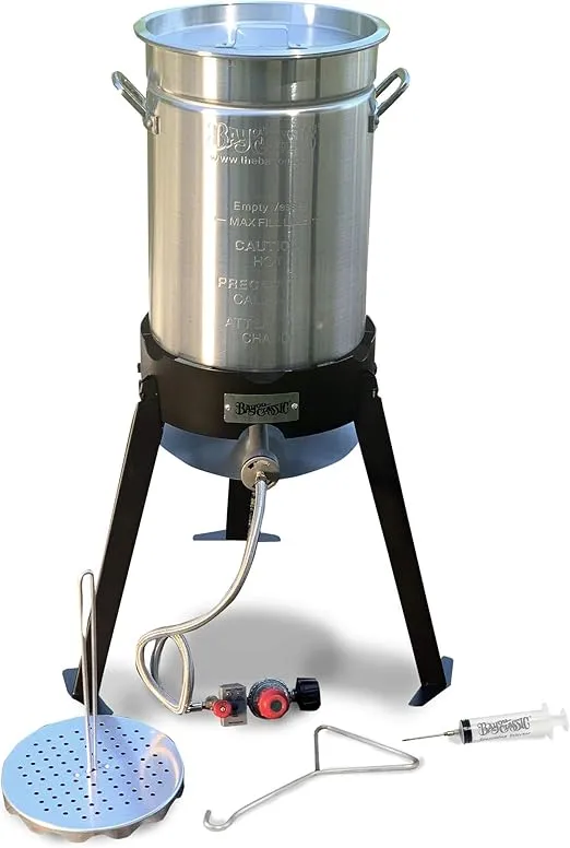 Bayou Classic 200-490 30-qt Aluminum Turkey Fryer Kit Features 30-qt Aluminum Stockpot w/ Lid Lift Hook and Rack 1-oz Seasoning Injector 12-in Fry Thermometer 19-in Tall Steel Cooker w/ 4-in Burner