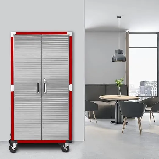 Seville Classics UltraHD Solid Steel Rolling Lockable Metal Storage Cabinet Locker Organizer w/Adjustable Shelves for Garage, Warehouse, Office, Classroom, 36" W x 18" D x 72" H, Red