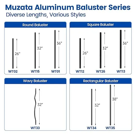 Muzata 50Pack 36" Aluminum Deck Balusters Round Black Deck Railing Stair Porch Staircase Spindles 3/4" Diameter Hollow for Wood and Composite Deck, WT01