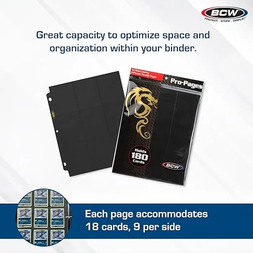 BCW Double-Sided 9-Pocket Pages Holder - 10 Black Pages | Trading Card Binder Sheets | Secure Side Loading | Ideal Card Storage and Display Solution