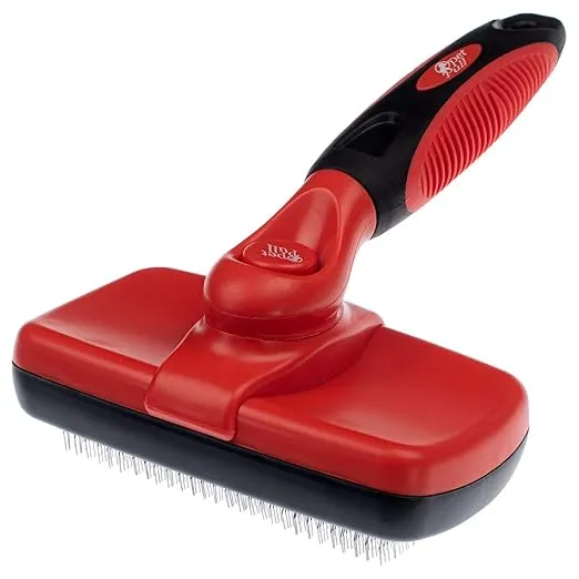 Self Cleaning Slicker Brush for Cat and Dog Coat - Detangler Dog Brush for Shedding & Grooming - Super Easy to Clean Deshedding Grooming Tool Removes Loose Pet Hair, Mats and Tangles (Red)