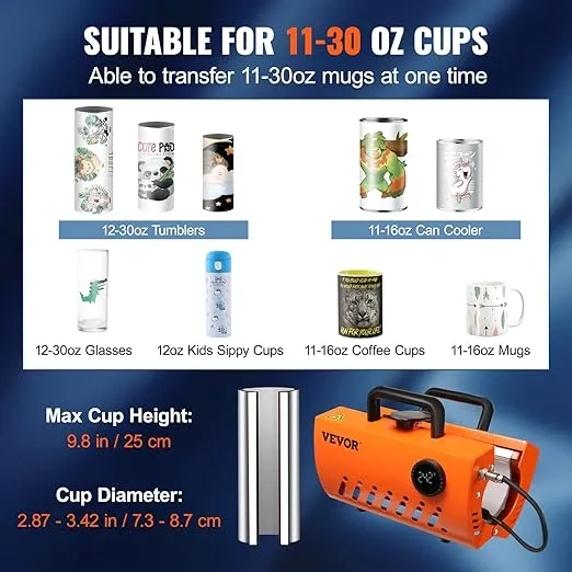 VEVOR Mug Heat Press, 30oz Tumbler Heat Press Machine, Sublimation Transfer 11-15oz 16-25oz 30oz Straight Skinny Tumblers, Cup Heat Press with Heat-Resist Gloves & Tape, DIY Ceramic Mugs Cups Glasses