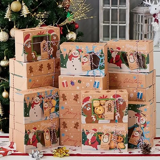 JOYIN 24 PCS Christmas Cookie Gift Baking Box 8.75" x 5.75" x 2.75” with Window Auto-Popup for Pastries, Cupcakes, Cookies, Brownies, Donuts Gift-Giving