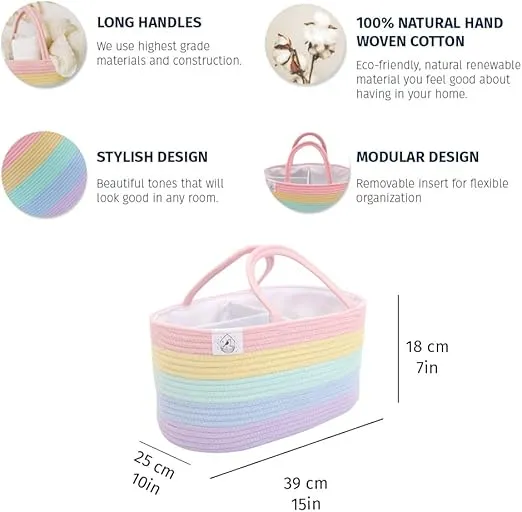 OrganiHaus Pastel Rainbow Basket, Rope Diaper Caddy Basket, Baby Diaper Caddy Organizer, Nursery Basket & Baby Baskets for Newborn Baby Diaper Organizer for Rainbow Decor, Diaper Storage Organizer