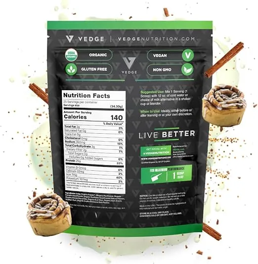 vedge Certified Organic Vegan Plant Protein - 25g Protein - Plant-Based Vegan Protein Powder with Stevia & Complete Amino Acids - USDA Organic, Gluten Free, Non Dairy Nutrition Plant Protein