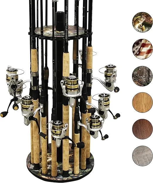 Rush Creek Creations, Round Fishing Rod Holder for 16 Freshwater Fishing Poles, Fishing Gear, and Fishing Accessories, Fishing Rod Rack with 16 Fishing Rod Clips for Garage Organization