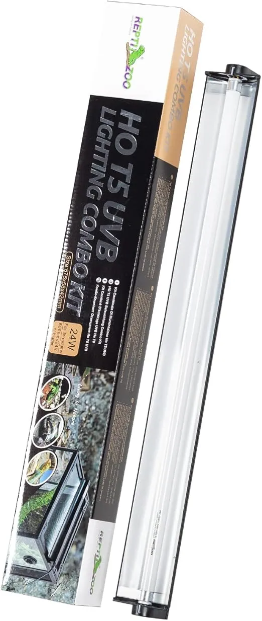 REPTI ZOO 24W Reptile T5 HO UVB Lighting Combo Kit, 22" Light Fixture Reptile Terrarium Hood, with Detachable Curved Reflector and 5.0 UVB T5 Lamp Bulb, ETL certificated
